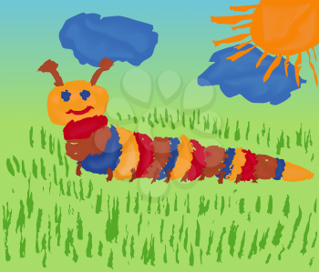 Colorful caterpillar among the meadow grass. Hand drawing vector illustration of as a children paint picture