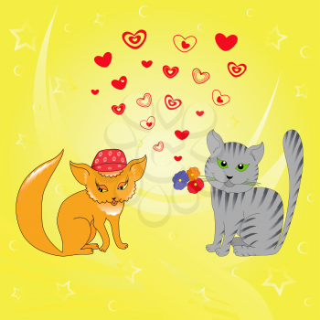 Rendezvous of cat and pussy. Valentines motif hand drawing cartoon vector illustration