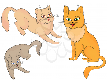 Three funny cartoon cats over white background, hand drawing vector illustration