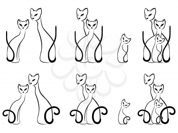 Set of contour sketches of cat families, cartoon vector illustration over white background
