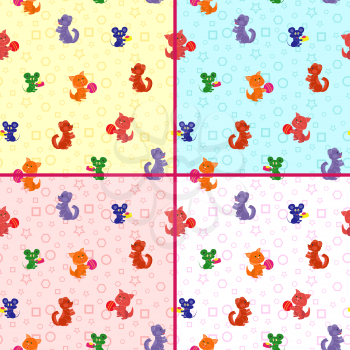 Four identical seamless vector patterns with cartoon cats, dogs and mouse on the geometrical background. Backgrounds can be used as a separate vector pattern
