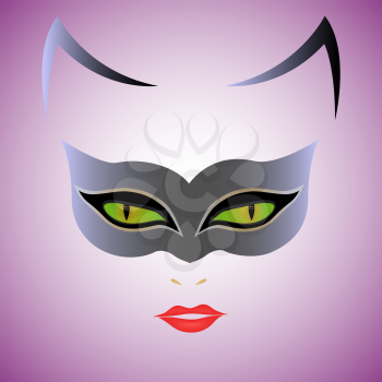 Cat Woman with green eyes in mask over violet background, hand drawing vector illustration