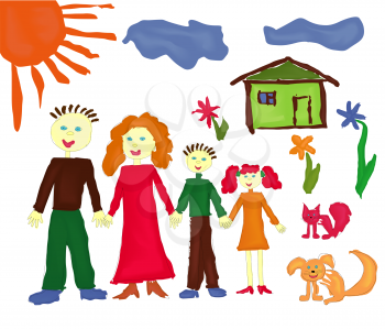 Family and pets near their house. Hand drawing vector illustration of as a children paint picture