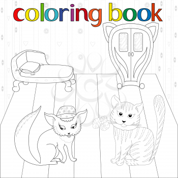 Rendezvous of cat and pussy for coloring book. Valentines motif hand drawing cartoon vector illustration
