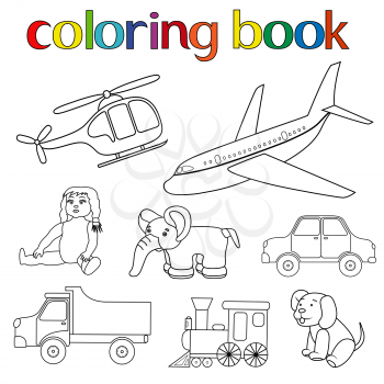 Set of various toys for coloring book with helicopter, airplane, doll, elephant, car, lorry, locomotive and puppy, cartoon vector illustration 