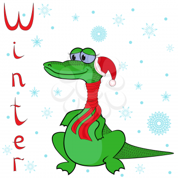 Why Crocodile is so cold in winter? Cheerful Crocodile wrapped in a scarf on neck and in the cap of Santa on the background of a winter motif. Hand drawing cartoon vector illustration