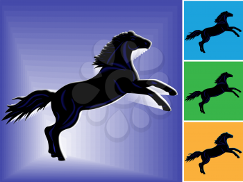 Symbol of 2014 black horse with dark blue stripes on blue and other backgrounds, hand drawing vector illustration