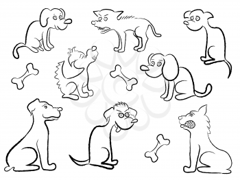 Set of eight black contour of various cartoon dogs, hand drawing vector illustration