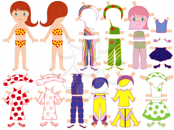 Paper doll and a set of clothing for the summer season with technological clips dressing