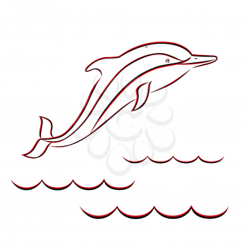 Red and black contour of a dolphin in the sea waves. Hand drawing vector illustration