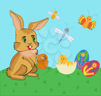 Easter bunny and chicken with Easter eggs on green grass. Cartoon vector illustration