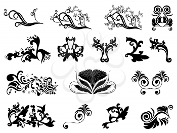 Set of black silhouettes of floral design elements isolated over white, hand drawing vector illustration