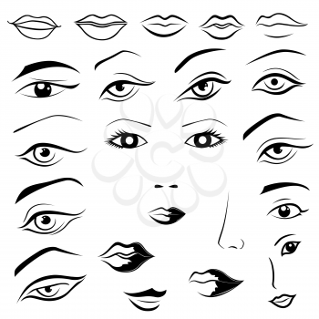 Set of human eyes, lips, eyebrows and noses as black and white vector sketching design elements