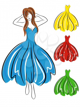 Graceful girl in blue dress and set of various color gowns, hand drawing vector illustration