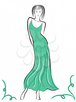 Graceful lady in semi-transparent turquoise gown, hand drawing vector illustration