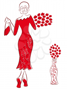 Graceful lady in a long red gown with a bouquet of red roses goes away, hand drawing sketching vector artwork