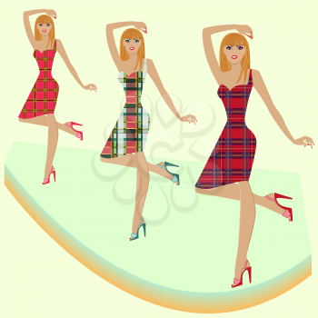 Stylish fashion models posing on podium in various checkered dresses, hand drawing vector illustration