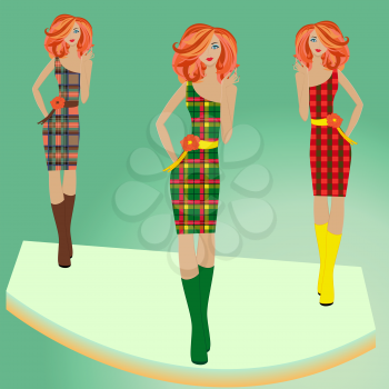 Stylish fashion models posing on podium in different checkered dresses, hand drawing vector illustration