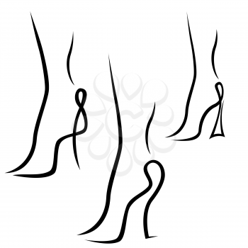 Three abstract samples of graceful female feet, black over white hand drawing sketching vector artwork