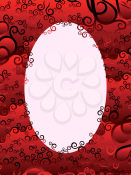 Oval vertical frame with floral elements in red hues, hand drawing vector artwork