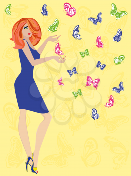 Young woman with butterflies on the butterflies background , hand drawing vector illustration