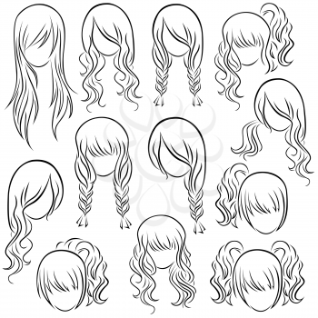 Set of teenage girl hairstyles, hand drawing vector contour
