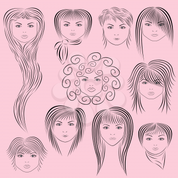 Samples of female hairstyles. Vector illustration hand drawing