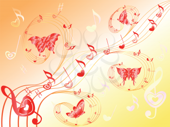 Various musical notes with hearts on stave and butterflies flying along, hand drawing Valentine vector illustration