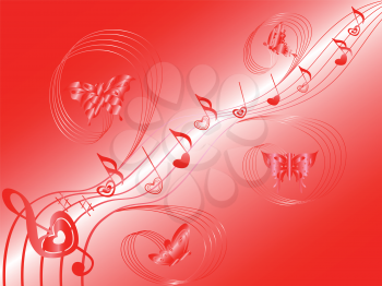 Various musical notes with hearts on stave and butterflies flying along, hand drawing Valentine vector illustration on red background