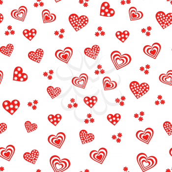 Seamless vector pattern with various red and white Valentine hearts on the white background