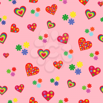 Seamless vector pattern with various colorful Valentine hearts on the pink background