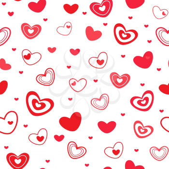 Seamless vector pattern with different red Valentine hearts on the white background
