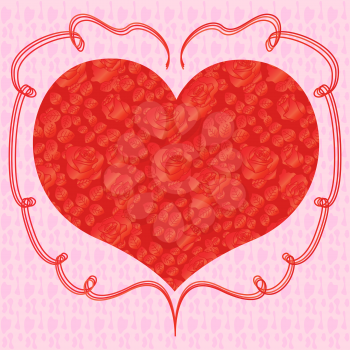 Heart with red roses on a pink background, hand drawing Valentines vector illustration