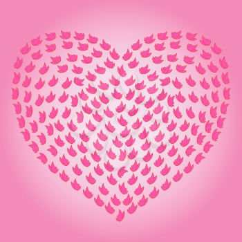 Heart with many small butterflies on the pink background as a love symbol, hand drawing vector illustration