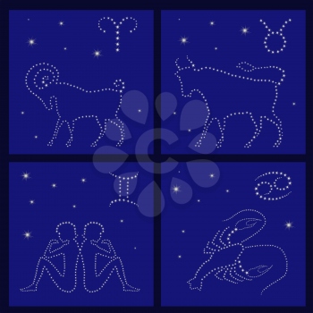 Four Zodiac signs on the starry sky vector illustration: Aries, Taurus, Gemini, Cancer