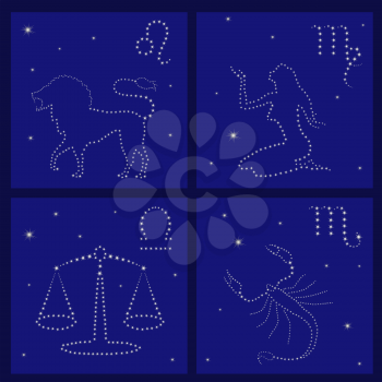 Four Zodiac signs on the starry sky vector illustration: Leo, Virgo, Libra, Scorpio 