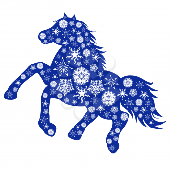Symbol 2014 Blue Horse silhouette is filled with many different snowflakes, hand drawing vector illustration isolated on white background