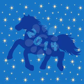 Symbol 2014 Blue Horse silhouette on blue background with many stars, hand drawing vector illustration 