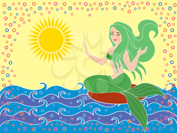 Mermaid as a mythical girl on the sea waves in the warm season, hand drawing vector illustration