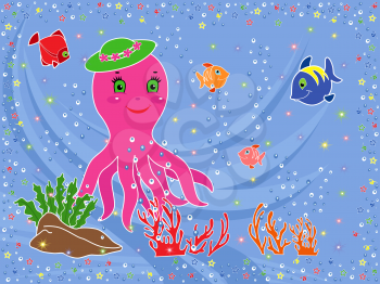 Underwater marine life. Funny Octopus, fishes, coral and seaweed on the seabed. Hand drawing vector illustration