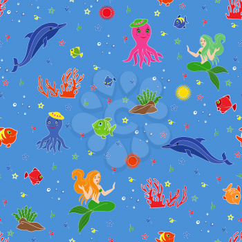 Underwater marine life. Dolphin, mermaid, octopus, fishes, coral and seaweed on the seabed. Hand drawing seamless vector illustration