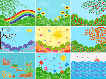 Set of nine different pictures depicting various locations and seasons; multicolor vector illustrations
