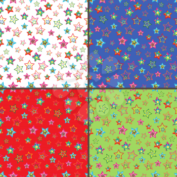 Four identical seamless vector patterns with different colorful stars 