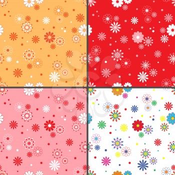 Four identical seamless vector patterns with different colorful chamomile flowers as wallpapers