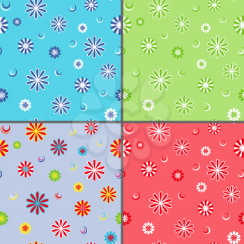 Four identical seamless vector patterns with different colorful daisy flowers as wallpapers