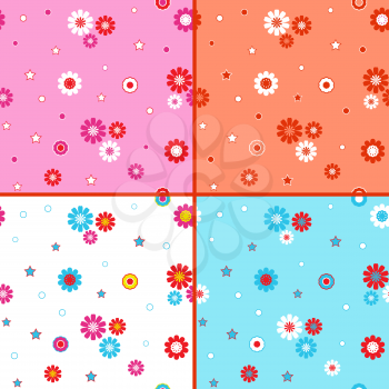 Four identical seamless vector patterns with different colorful daisies as wallpapers