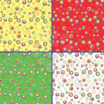 Four identical seamless vector patterns with different colorful circles 