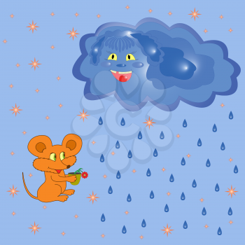 Mouse with flowerpot near the rain cloud. Hand Drawing Cartoon Vector Illustration