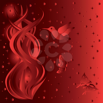Phantasmagoric floral and animal composition with starry sky background, hand drawing vector illustration in red tints