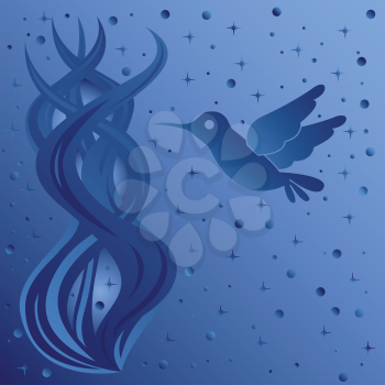 Phantasmagoric composition with bird on starry sky background, hand drawing vector illustration in blue tints